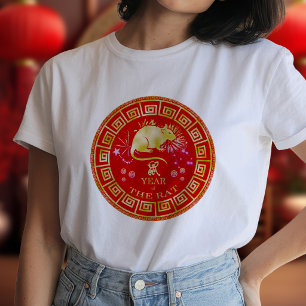Camiseta Rato chinês do zodíaco vermelho/ouro ID542