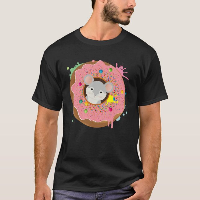 Camiseta Rato cinza senta-se na rosquinha com vidrado rosa (Frente)