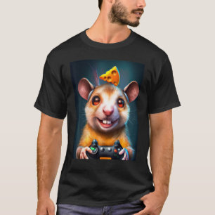 Camiseta Rato de jogos com controlador de jogos e queijo