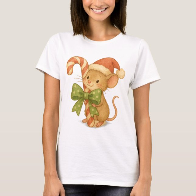 Camiseta Rato de Natal bonito com canas doces e Santa Hat (Frente)