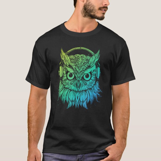 Camiseta Rave Turntable Electro DJ Techno Owl with Headphon (Frente)