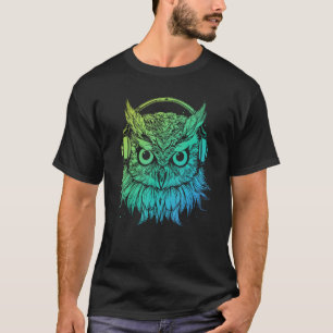 Camiseta Rave Turntable Eletro DJ Techno Owl com fone