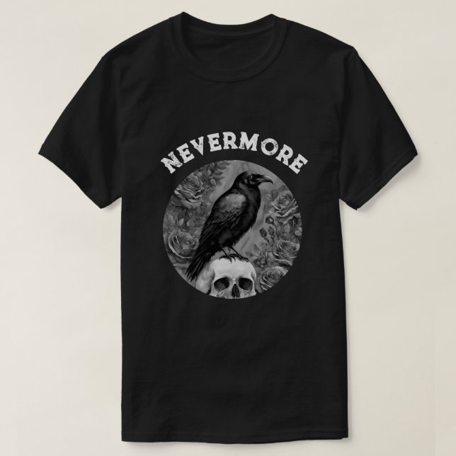 Camiseta Raven No Crânio Com Rosas Nunca Mais (Frente do Design)