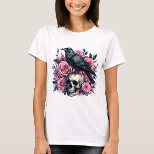 Camiseta Raven & Pink Roses – Aquarela de Caveira Gótica