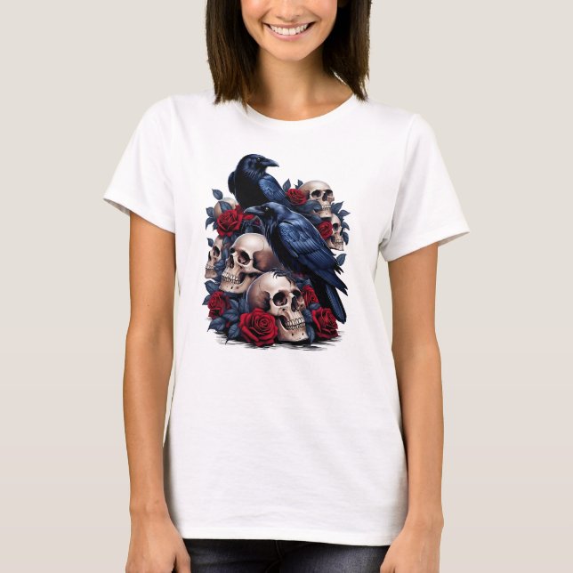 Camiseta Ravens e Rosas: Design de crânio gótico (Frente)