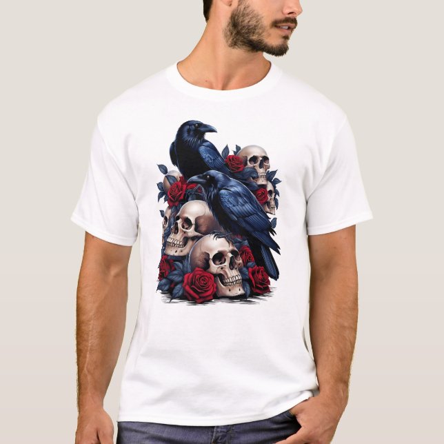 Camiseta Ravens e Rosas: Design de crânio gótico (Frente)
