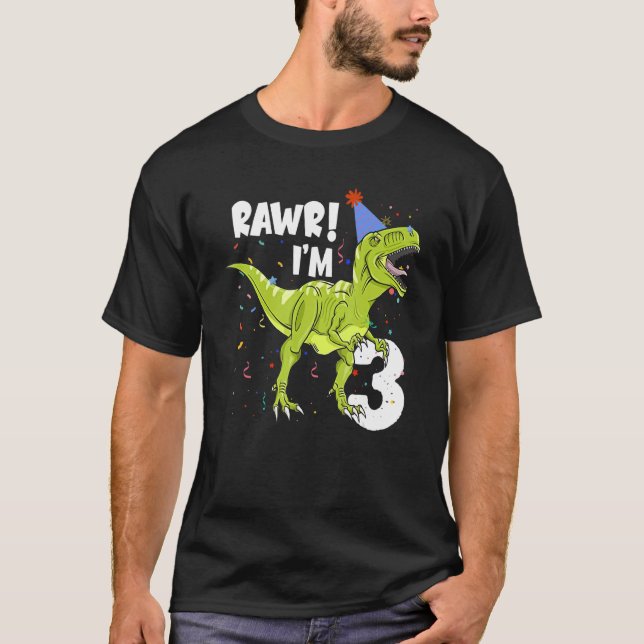 Camiseta Rawr I'm 3 Birthday Rex Dinosaur Party for Boys (Frente)