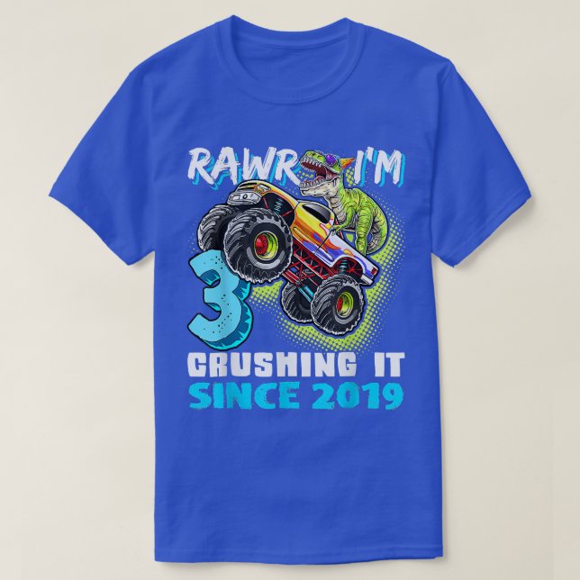 Camiseta Rawr I'm 3 Monster Truck Dinosaur 3rd Birthday Par (Frente do Design)