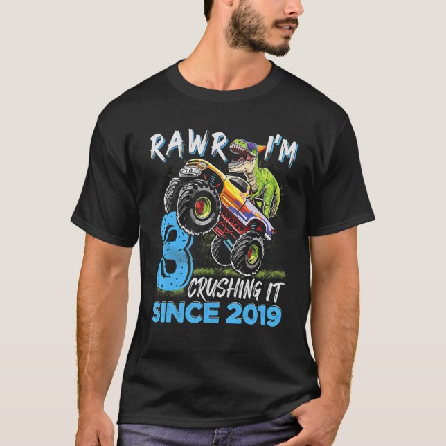 Camiseta Rawr I'm 3 Monster Truck Dinosaur aniversário de 3 (Frente)