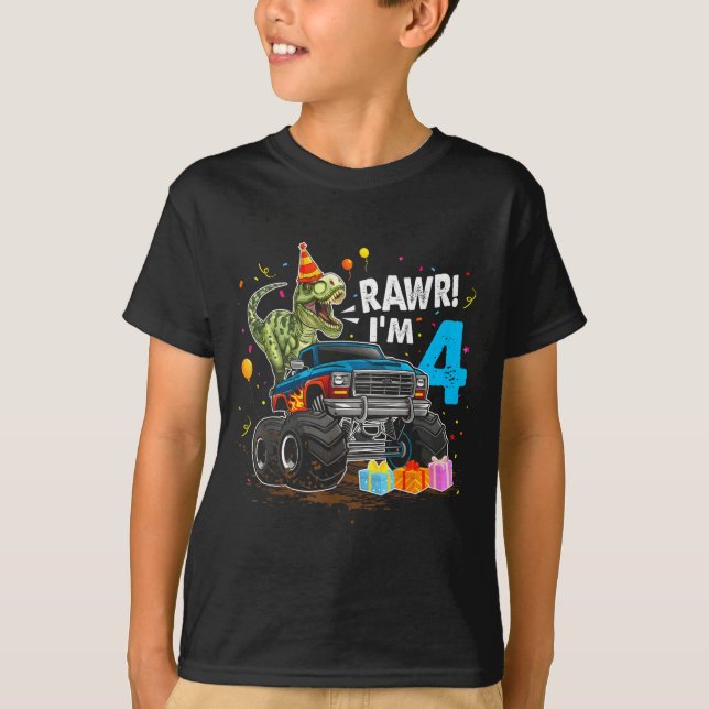 Camiseta Rawr I'm 4 4th Birthday T Rex Dinosaur Funny Party (Frente)