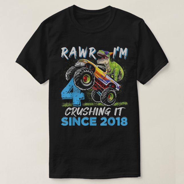 Camiseta Rawr I'm 4 Monster Truck Dinosaur 4th Birthday Par (Frente do Design)