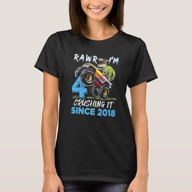Camiseta Rawr I'm 4 Monster Truck Dinosaur 4th Birthday Par (Frente)