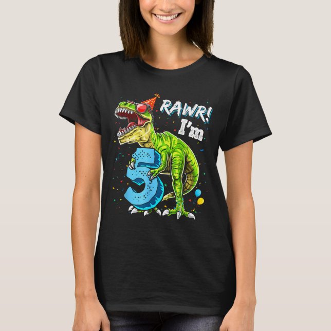 Camiseta Rawr I'm 5 5th Birthday T Rex Dinosaur Funny Party (Frente)