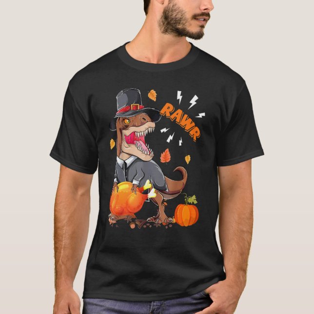 Camiseta Rawr Pilgrim Rex With Turkey Fall Vibes Happy Than (Frente)