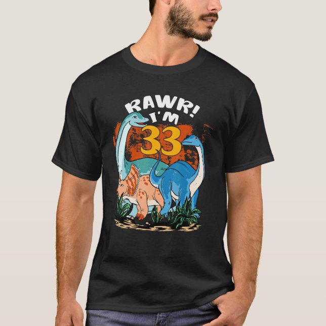 Camiseta Rawr, tenho 33 anos, 33 anos, garoto Rex Dinosa (Frente)