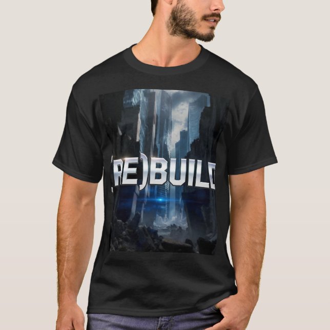 Camiseta (RE)CONSTRUIR - Texto Cromo sobre as Ruínas da Cid (Frente)