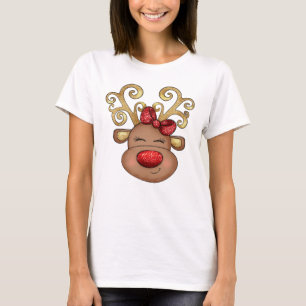 Camiseta Ré de Natal encara nariz vermelho-brilhante