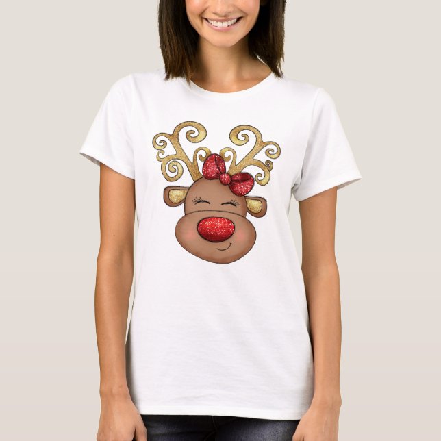 Camiseta Ré de Natal encara nariz vermelho-brilhante (Frente)