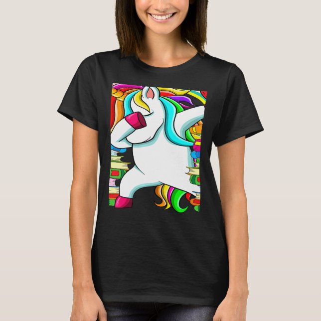 Camiseta Reading Teacher Dabbing Unicorn Elementary School  (Frente)