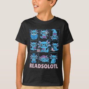 Camiseta Readsolotl axolote azul amante de livros leitura e