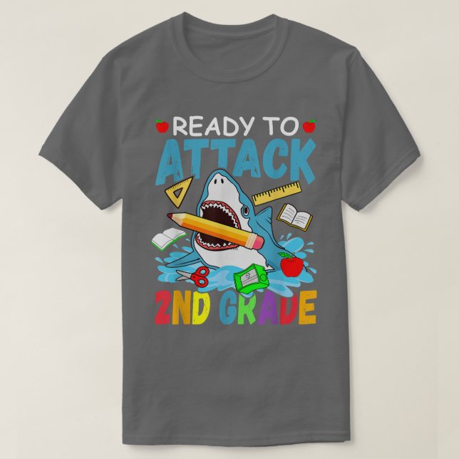 Camiseta Ready To Attack 2nd Grade Back To School Shark Sec (Frente do Design)