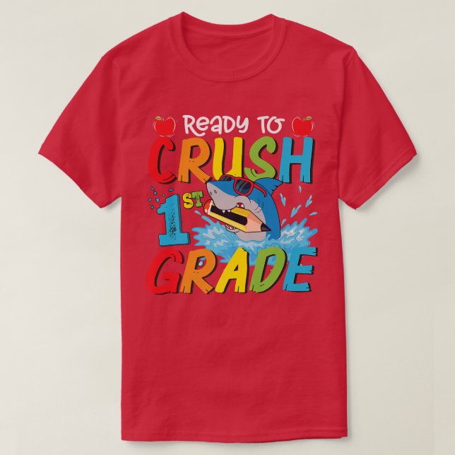 Camiseta Ready To Crush 1st Grade Funny Shark Boys Back To  (Frente do Design)