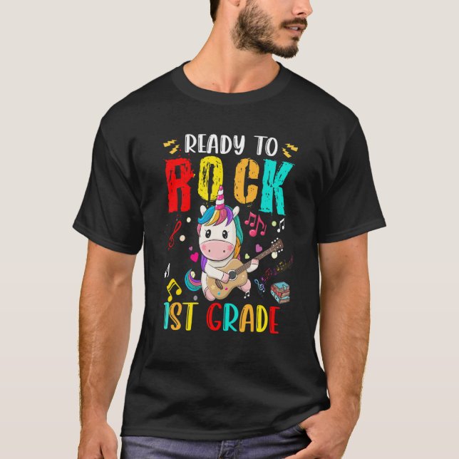 Camiseta Ready To Rock 1st Grade Unicorn Playing Guitar (Frente)