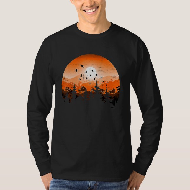 Camiseta Rebanho de Pássaros da Lua Cheia Árvore Exterior V (Frente)