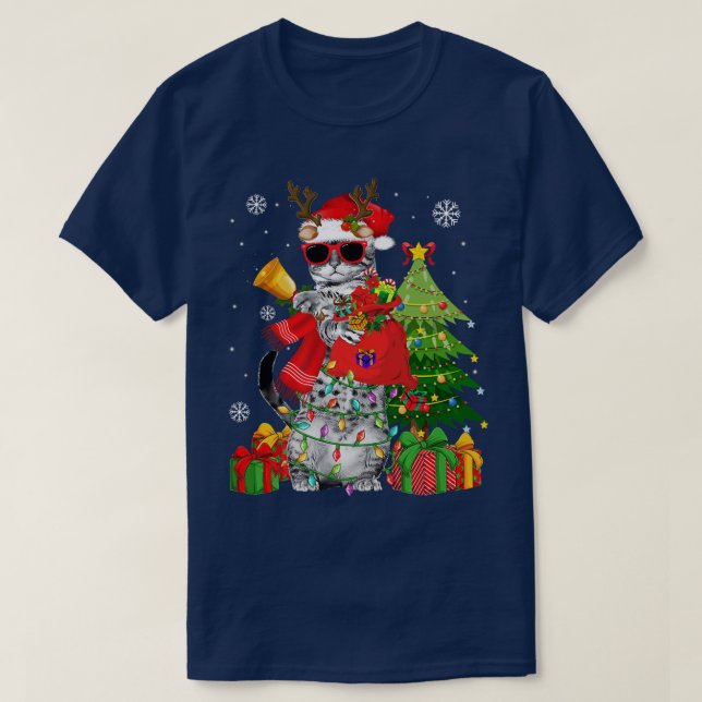 Camiseta Rebelde Gato Luzes de Natal Engraçadas Gato Presen (Frente do Design)