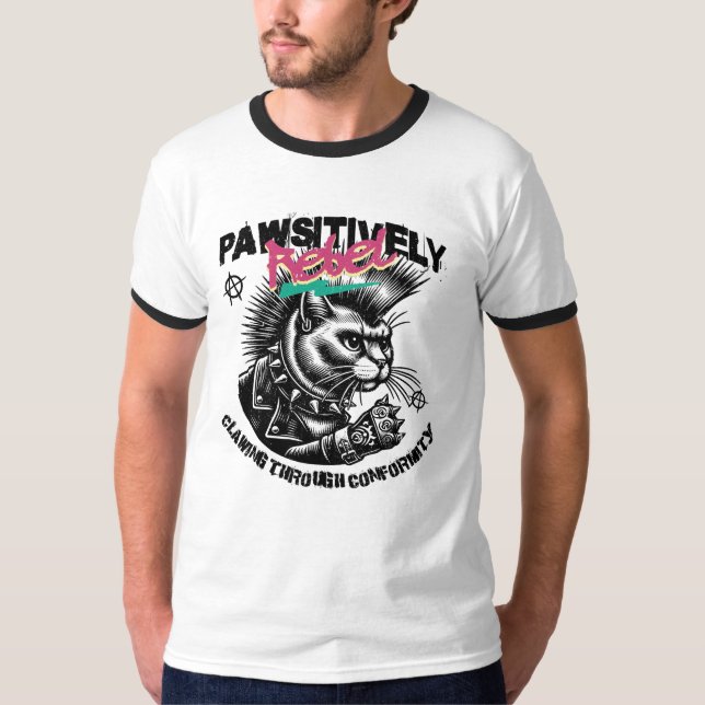 Camiseta Rebelde Pawsitivamente: Anarquia de Mohawk, Gato d (Frente)