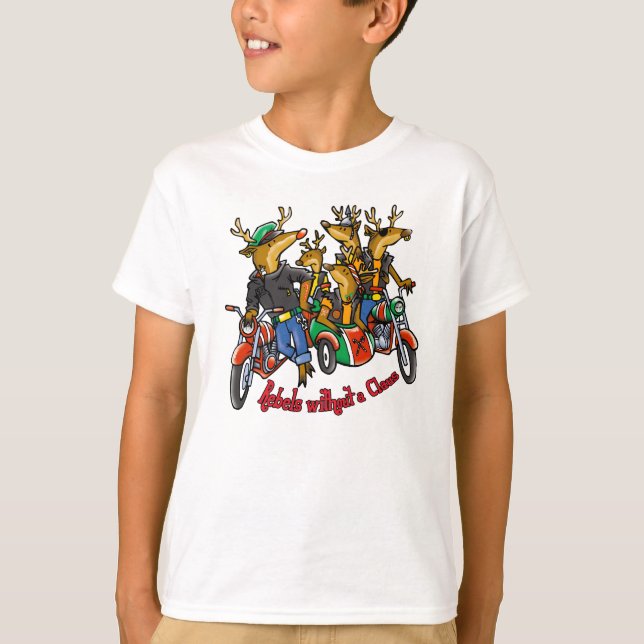 Camiseta Rebeldes sem cartoon de Natal para Reindeer Claus (Frente)