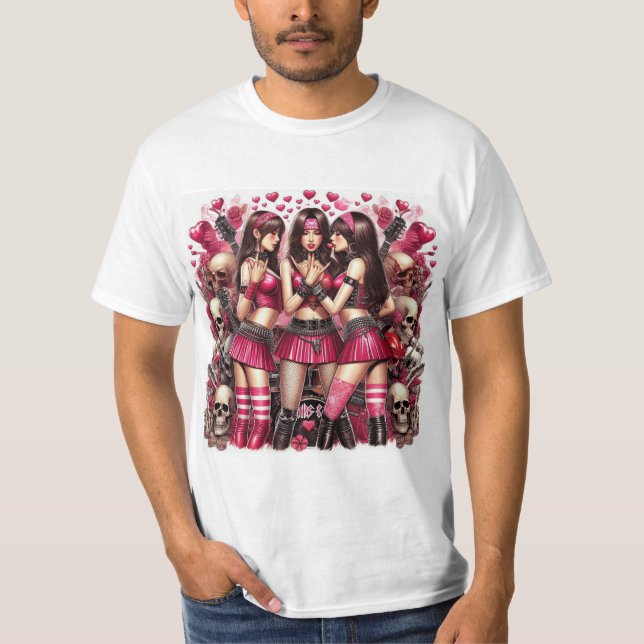Camiseta Rebeldía Rockera: Belleza y Pasión en Rosa y Rojo (Frente)