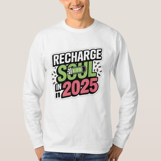 Camiseta Recarregue sua alma no Design Sticker 2025 (Frente)