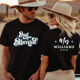 Camiseta Recém-Casados Retro Senhor e Senhora Preto Azul e