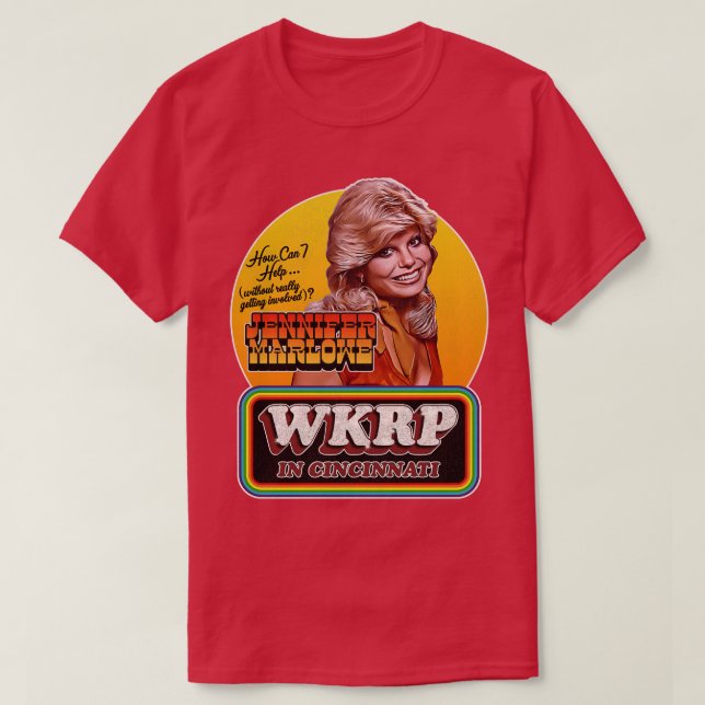 Camiseta Recepcionista Jennifer Marlowe no WKRP em Cincinna (Frente do Design)