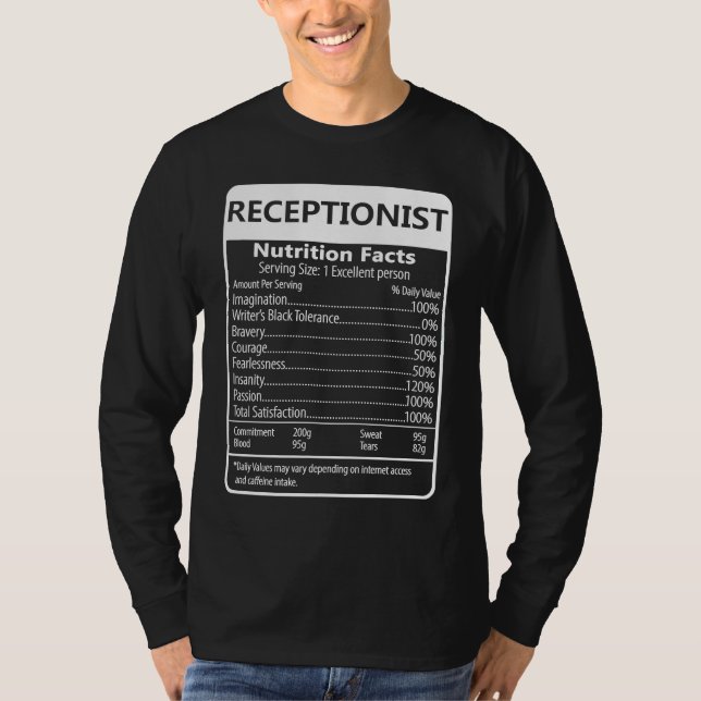 Camiseta Receptionist Nutrition Facts Sarcastic Graphic (Frente)
