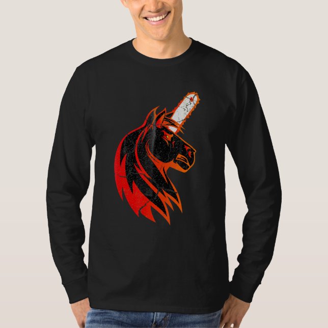 Camiseta Red Angry Fire Bad Horn Unicorn com Chainsaw coo (Frente)