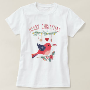 Camiseta Red Bird & Wreath Scandinavian Christmas FolArt