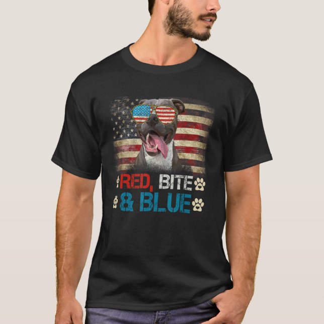 Camiseta Red Bite Blue Pitbull Cachorro Americano Bandeira  (Frente)