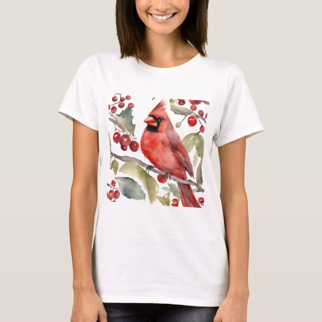 Camiseta Red Cardinal e Wild Berries Natal (Frente)