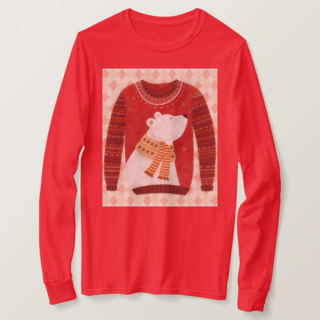 Camiseta Red Cute Polar Bear Ugly Sweater Art on T-Shirt (Frente do Design)