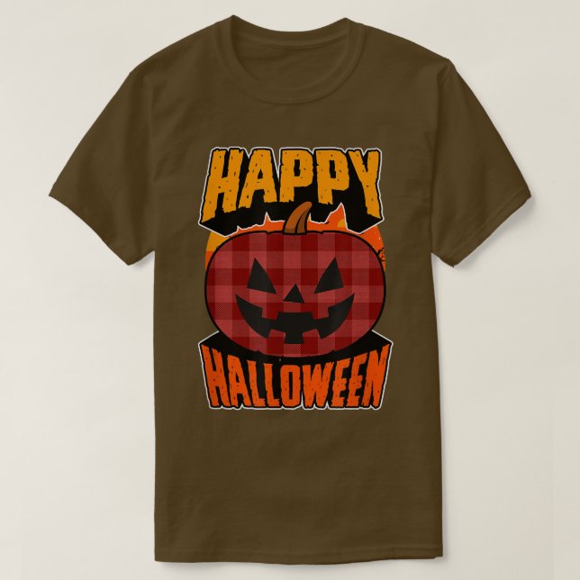 Camiseta Red Flannel Xadrez Feliz Festa de Halloween Jack O (Frente do Design)