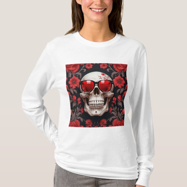 Camiseta Red Floral 3D Morto Caveira vestindo óculos escuro (Frente)