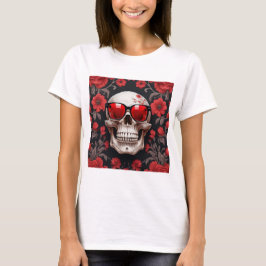 Camiseta Red Floral 3D Morto Caveira vestindo óculos escuro