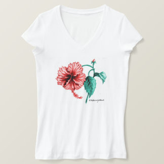 Camiseta Red Hibiscus V-Neck para Mulheres