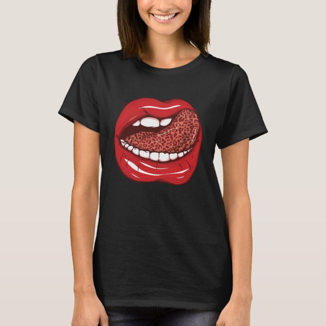 Camiseta Red lips and leopard print tongue Female Beautiful (Frente)