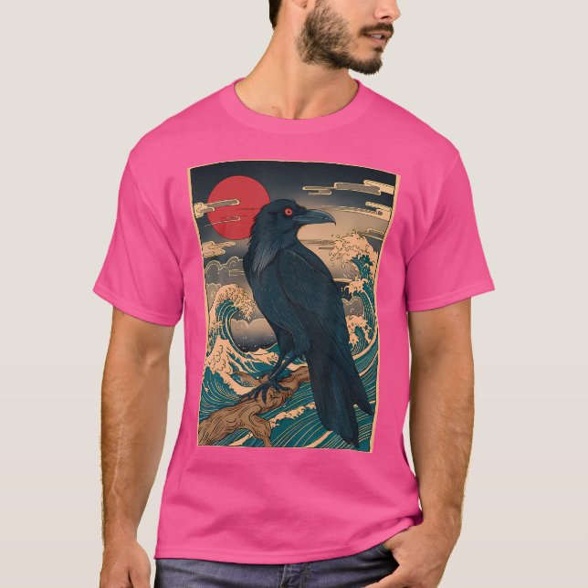Camiseta Red Moon Raven - Estilo Japonês Vintage Black Crow (Frente)