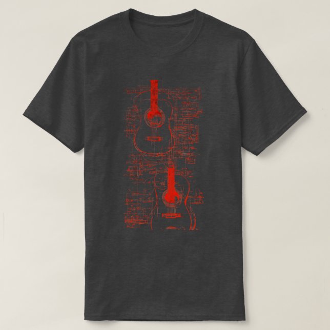 Camiseta Red Neon Acoustic Guitar Da Vinci blueprint (Frente do Design)