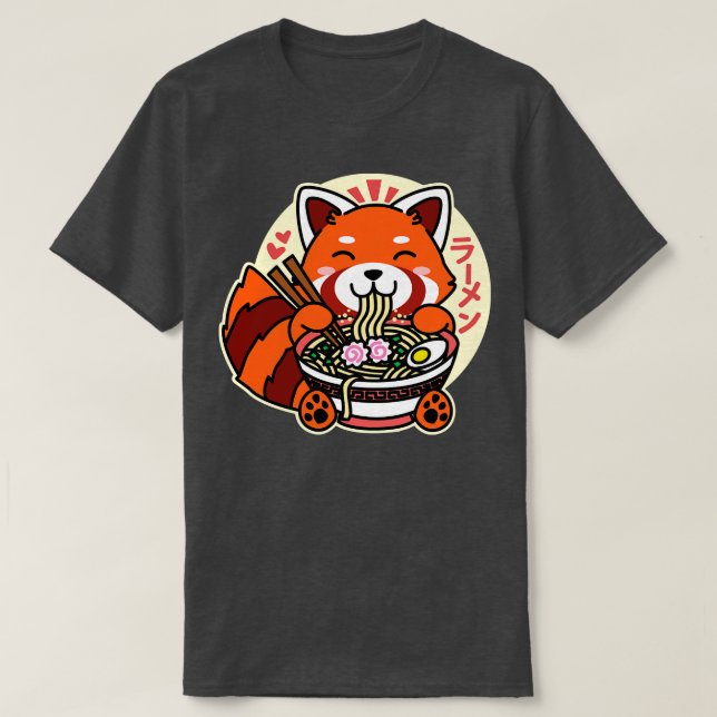 Camiseta Red Panda Comendo Ramen Cute Kawaii Noodles (Frente do Design)