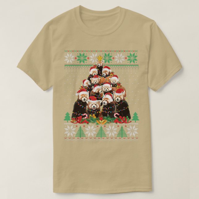 Camiseta Red Panda Natal Árvore Santa Hat Luz Feia (Frente do Design)